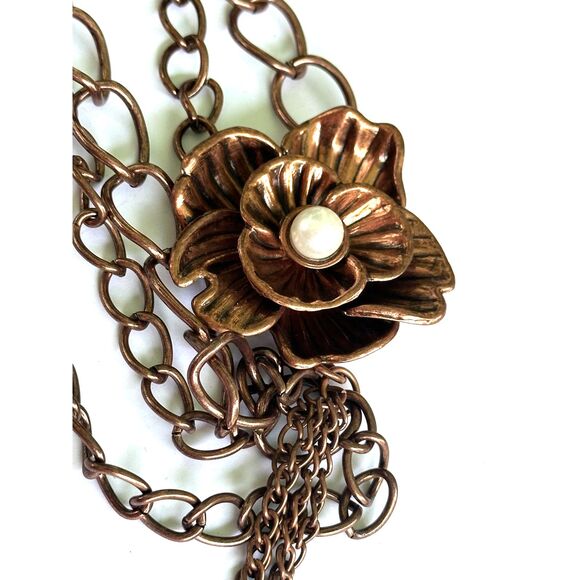 Copper Tone Asymmetric Flower and Chain Necklace - Picture 6 of 8